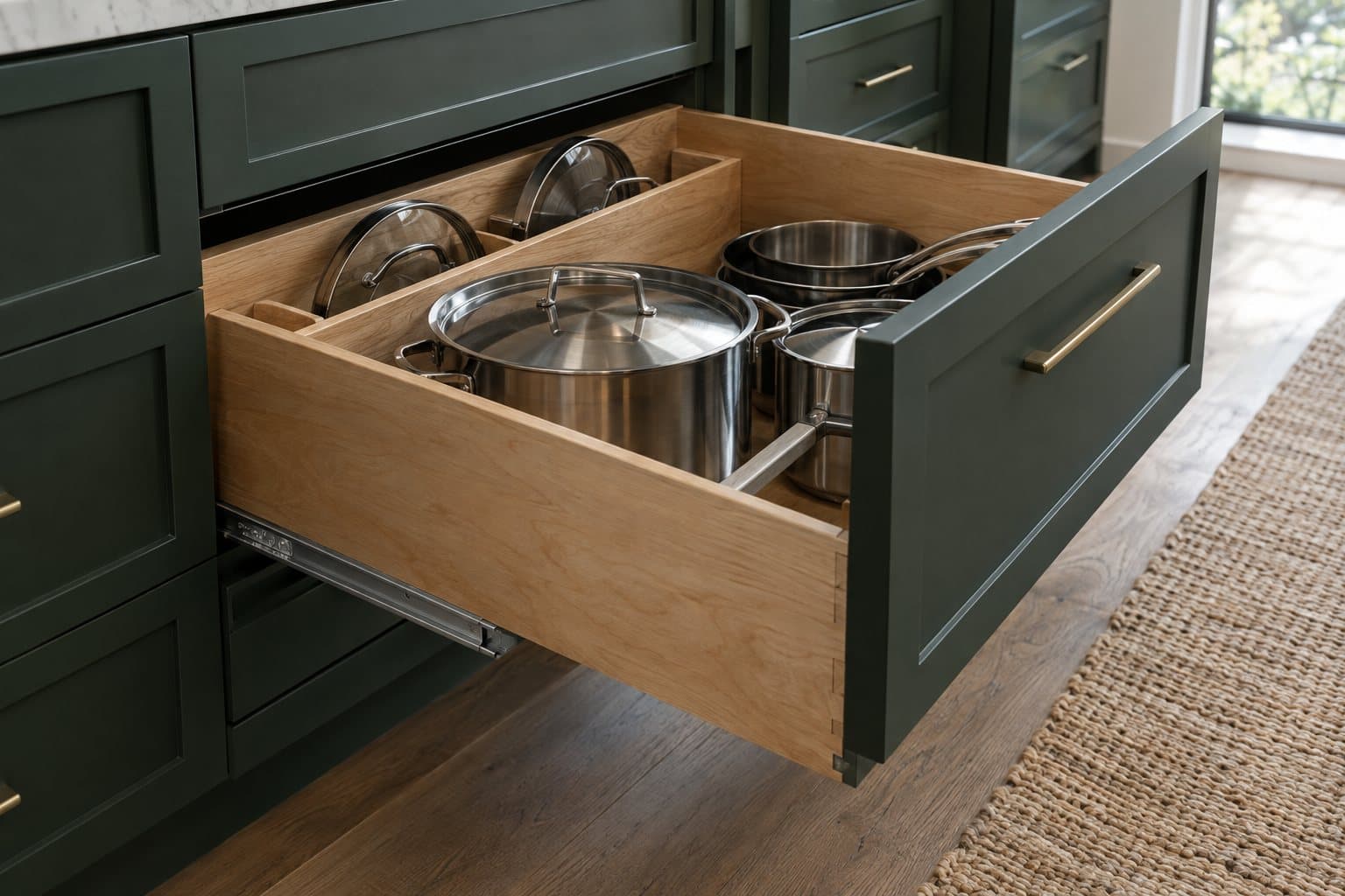 Open kitchen drawer stack with a deep pot drawer on full-extension slides and green Shaker drawer fronts